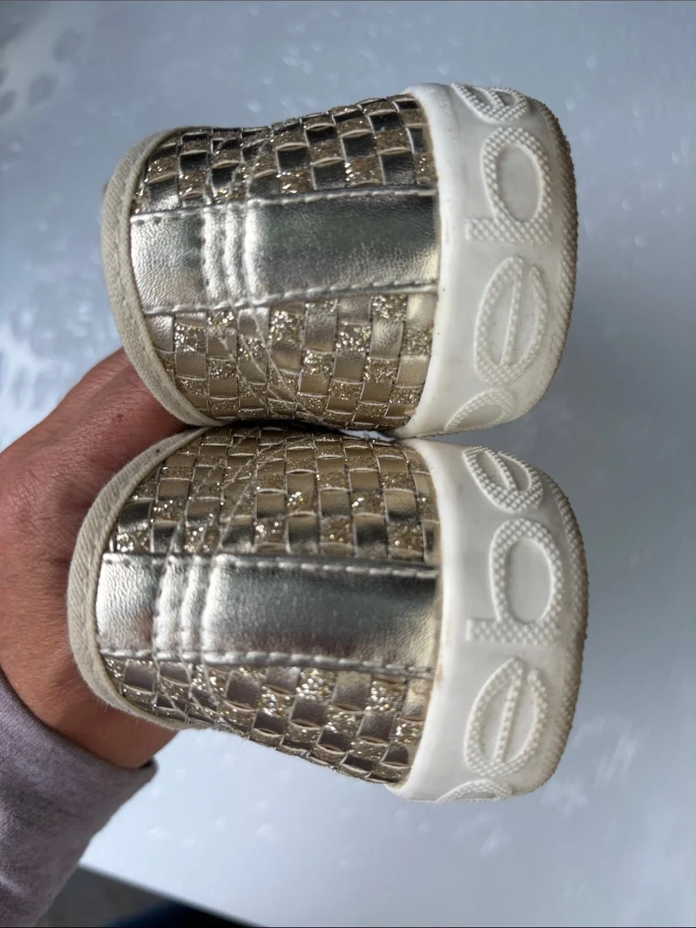 bebe Metallic Beige Woven Lace-Up Sneakers with Gold Accents
